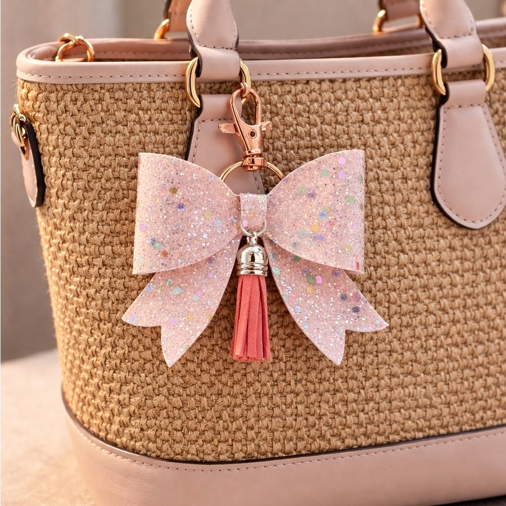 Pink Glitter Bow Bag Charm Key Chain
